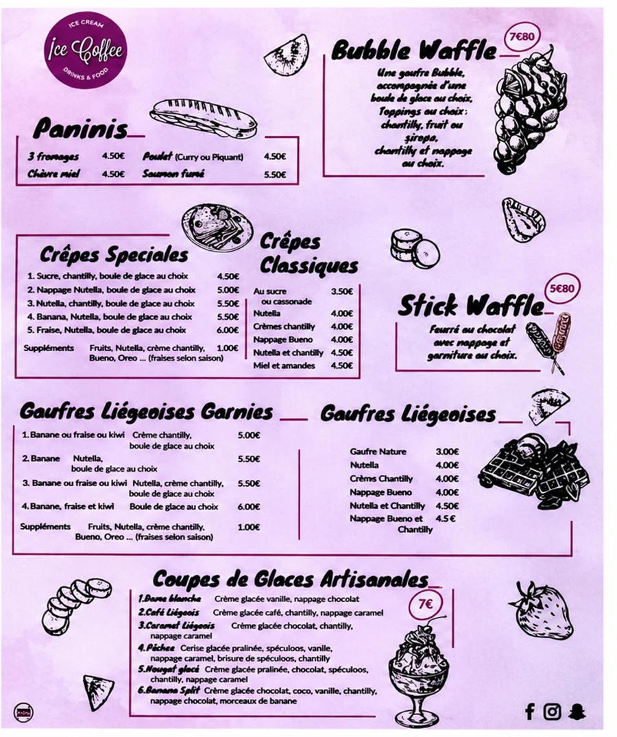 Carte Ice Coffee : crêpes, gaufres, coupes glacées, paninis, bubble waffle