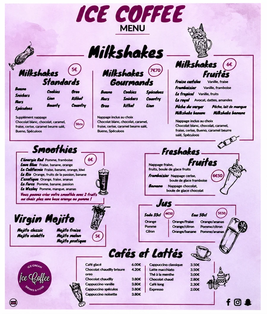 Carte Ice Coffee : milkshakes, smoothies, jus, cafés et lattés