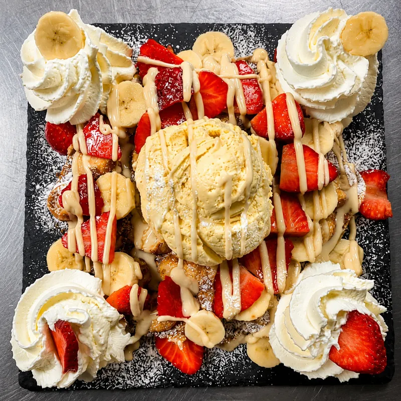 Gaufre garnie de fraises, banane, chantilly et filet de sauce caramel