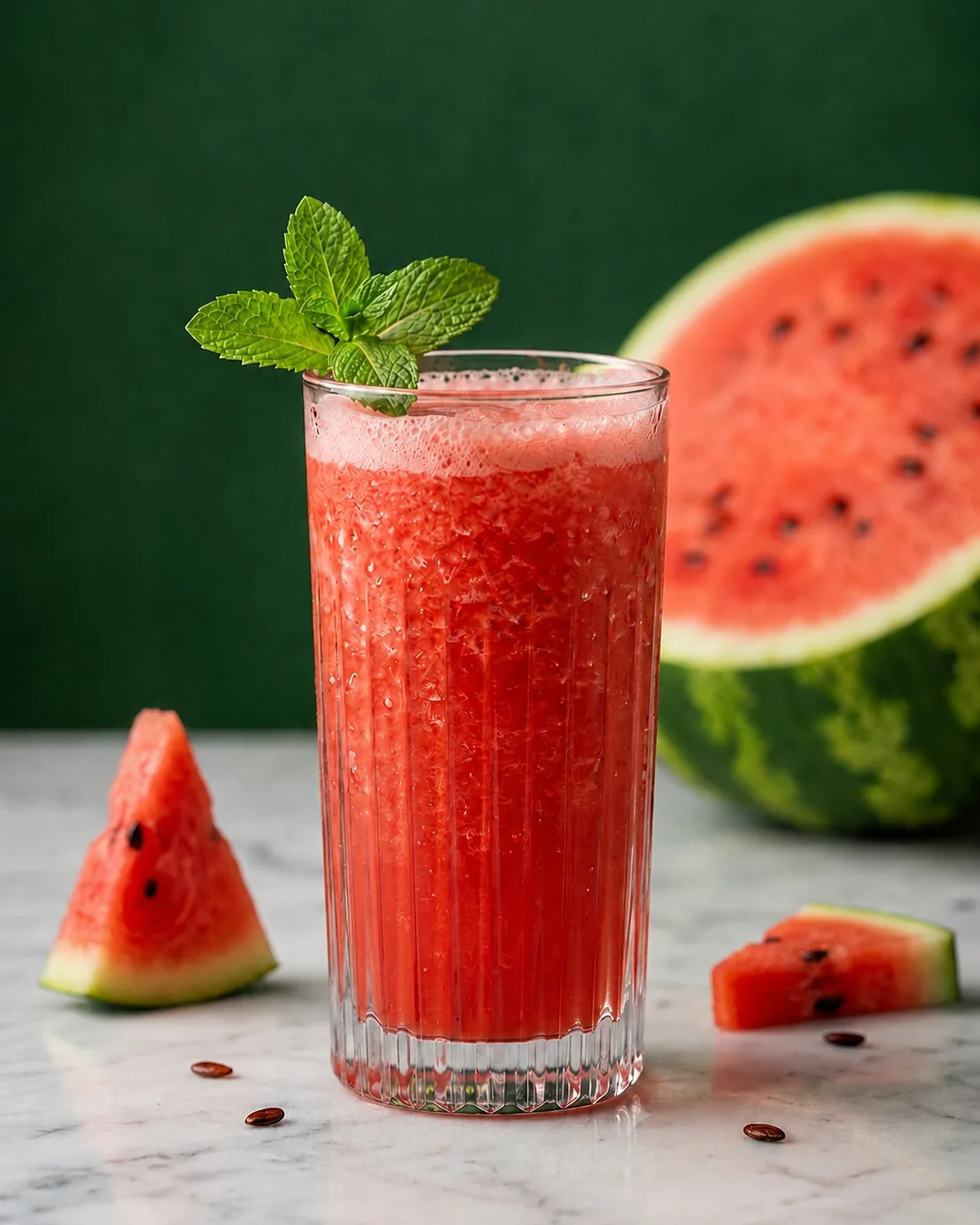 Jus de pastèque frais pressé minute, servi glacé avec menthe fraîche